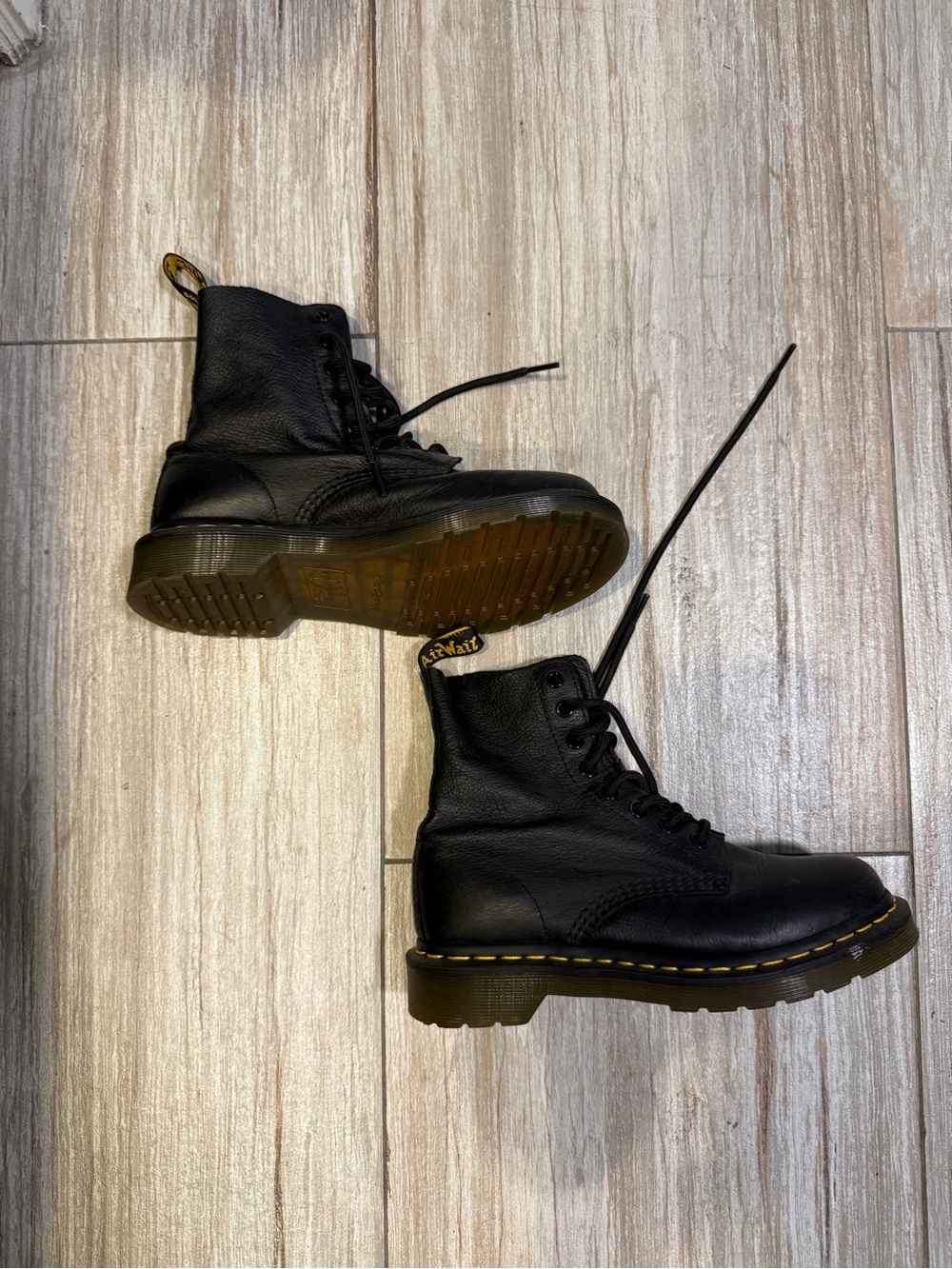 Dr. Martens Black Leather Lace-Up Combat Boots with Yellow Stitching